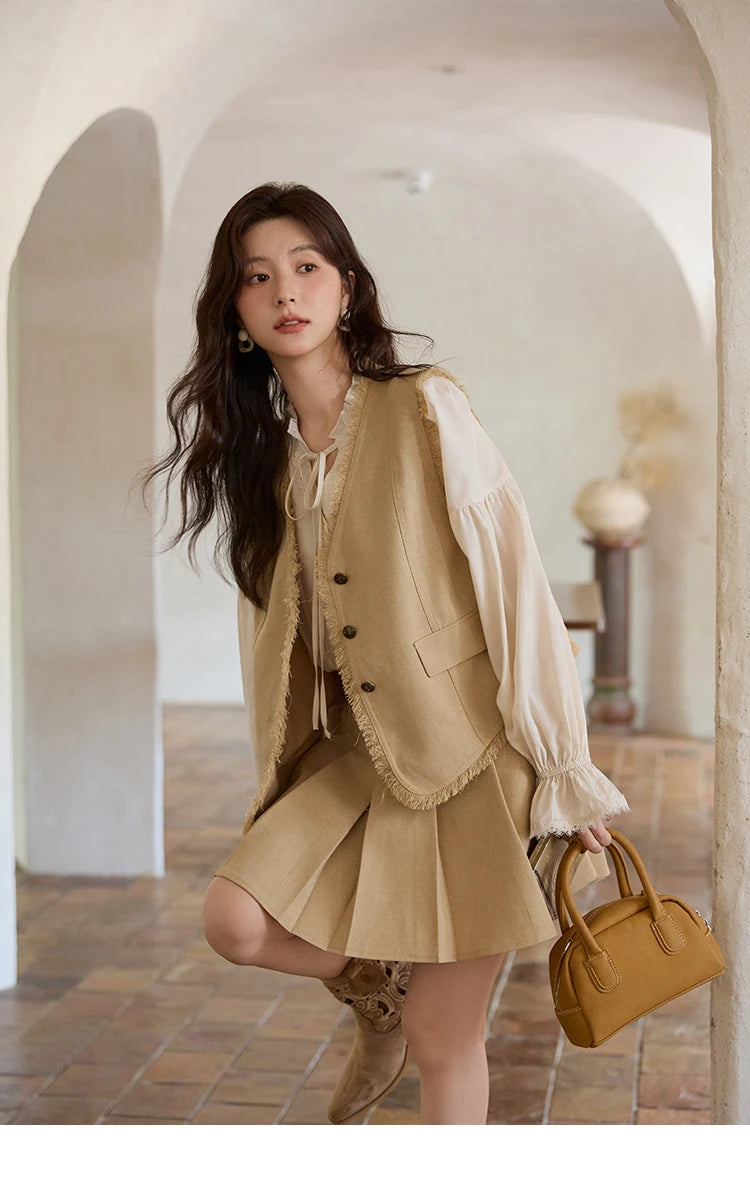 Mishow Khaki Selvedge Vest & Pleated Skirt Set MXE41T0690