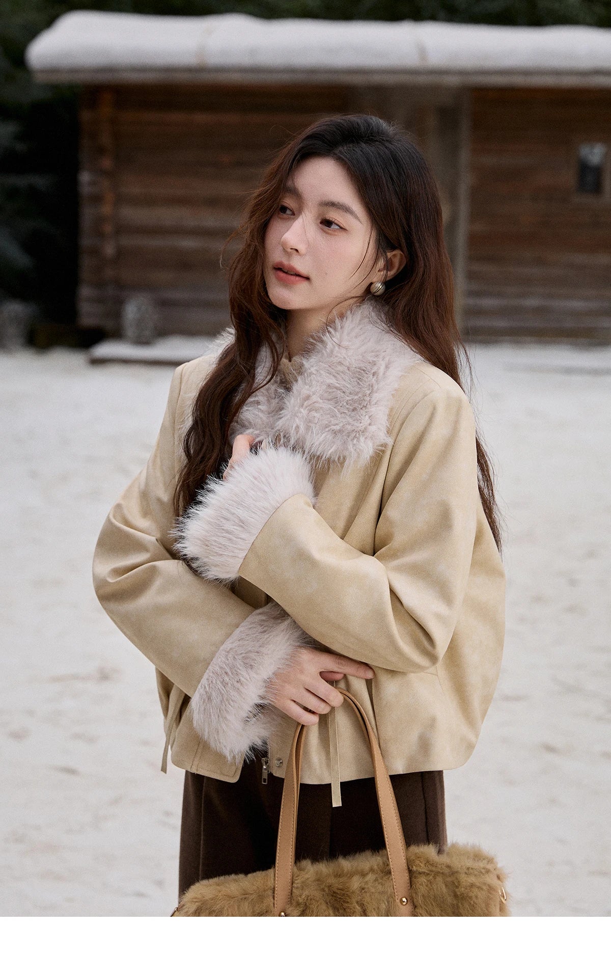 Mishow Apricot Suede Plush Collar Jacket MXE91W0987