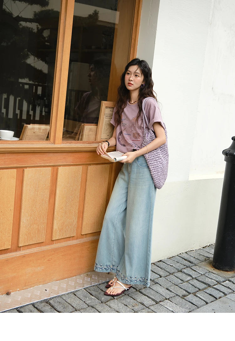 Mishow Flower Embroidery High Waist Wide Leg Jeans MXE37K0991