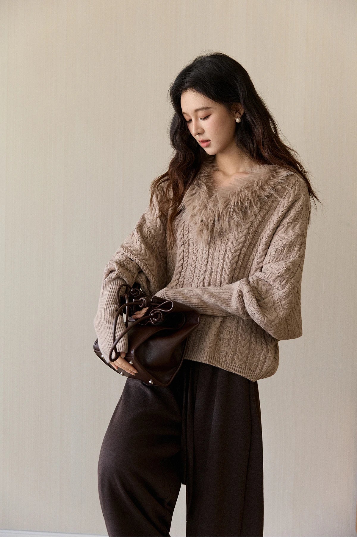 Mishow Faux Fur Collar Batwing Cable Knit Pullover MXE94Z2985