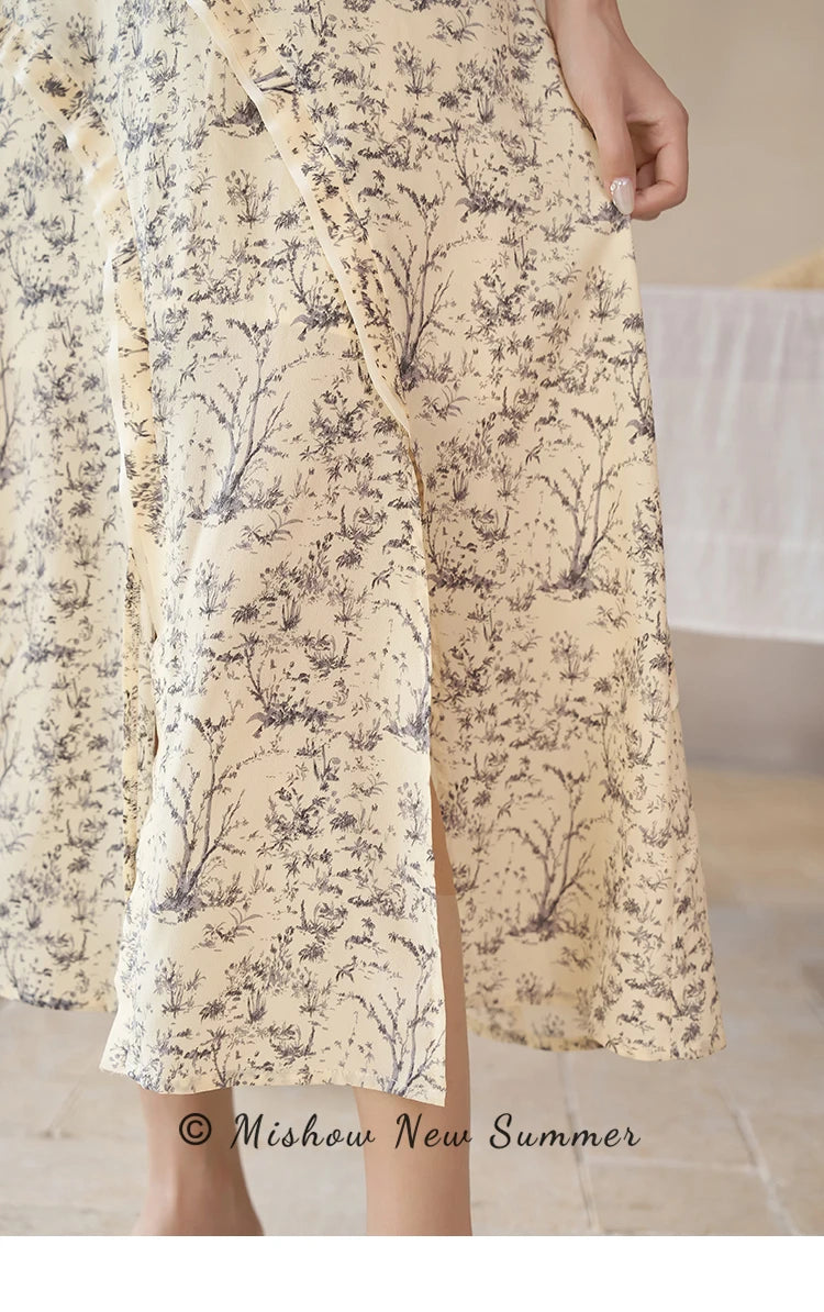 MISHOW Retro Floral Midi Skirt Side Split High Waist Elastic MXC37B0044