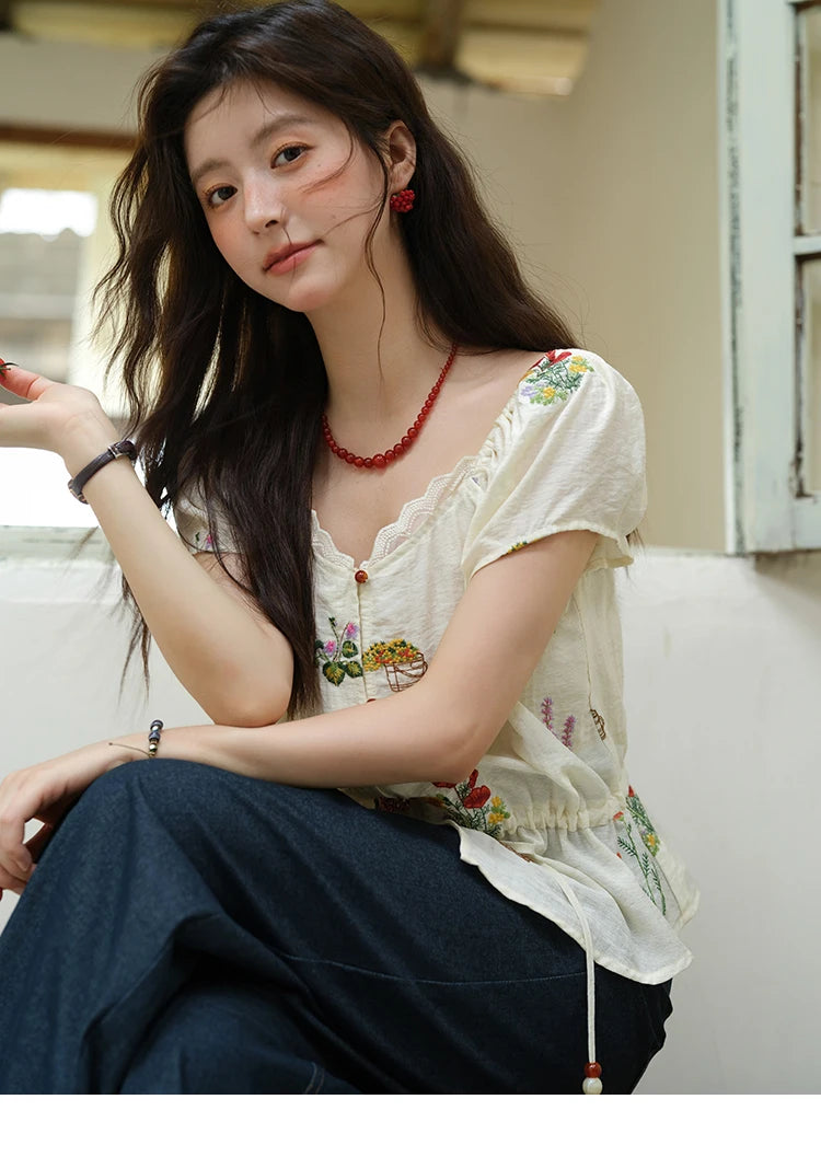 MISHOW Flower Embroidery Square Neck Lace Blouse MXE37X1895