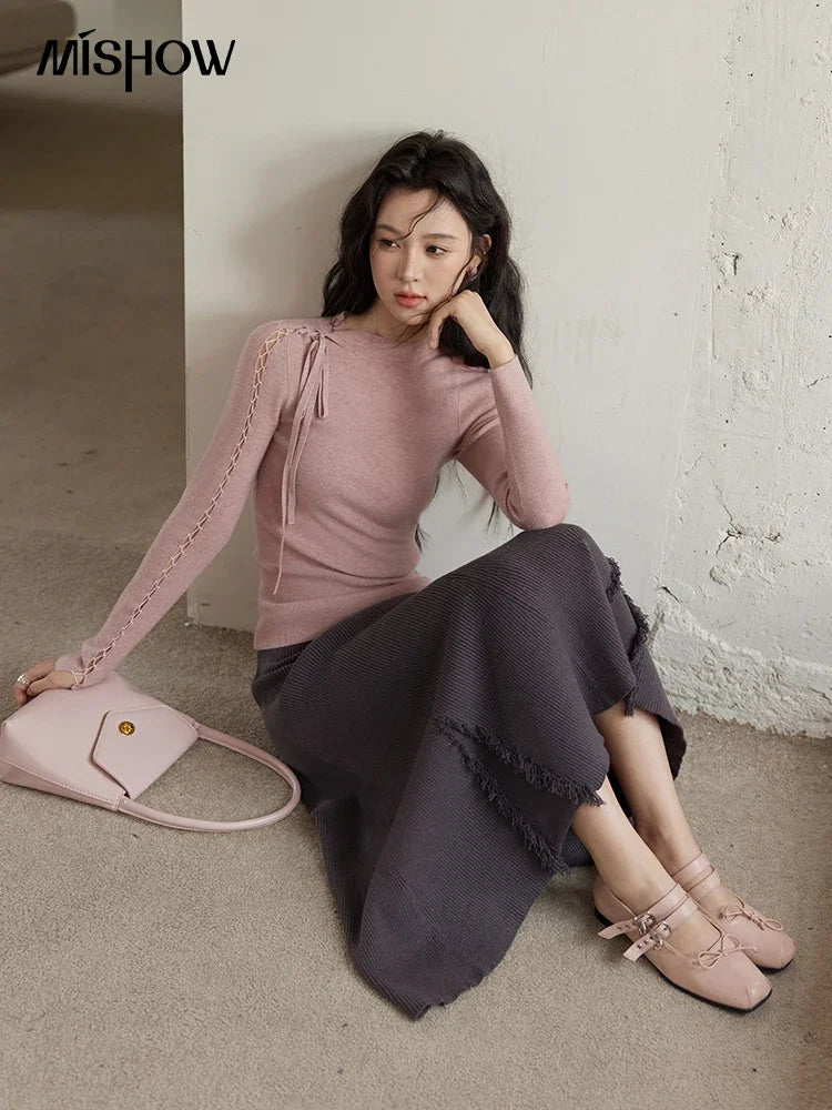 Mishow Hollow Tie Design Bottoming Knit Sweater MXD45Z0766