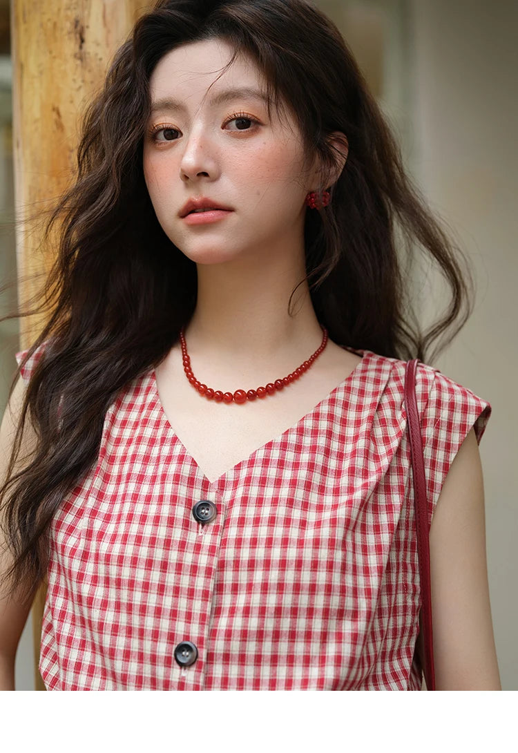 MISHOW Red Plaid V-Neck Shirt Button Front MXE37X1921