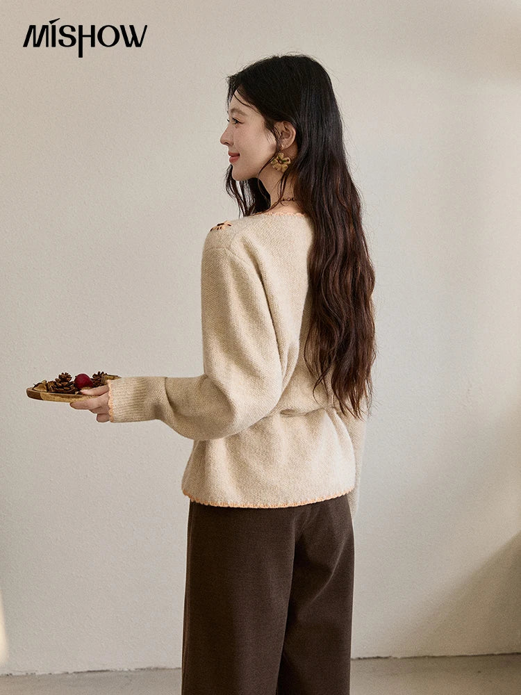 Mishow Apricot Hand-Embroidered Wool Blend Waist Tie Cardigan MXE87Z2702