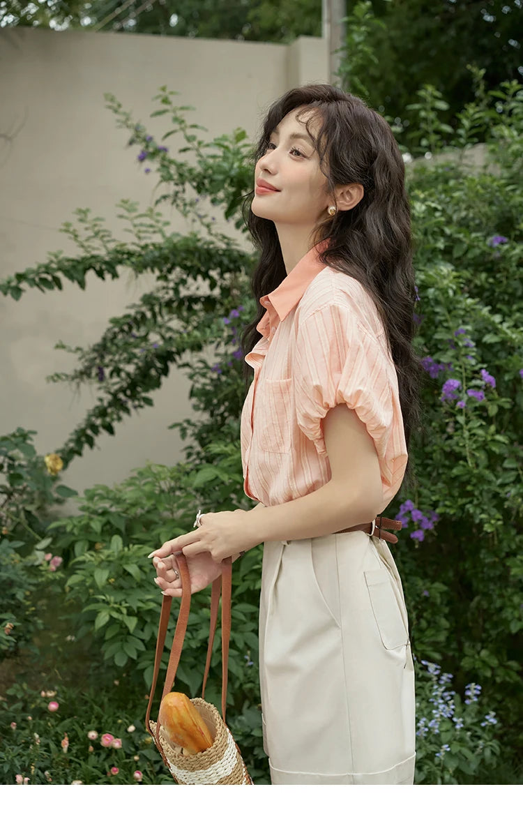 MISHOW Hong Kong Retro Pink Striped Shirt Bubble Sleeve Lapel MXD28C0250