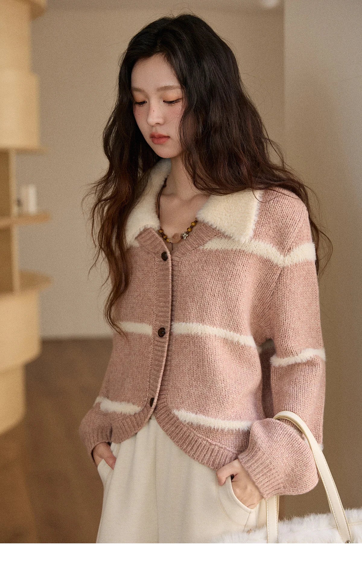Mishow Faux Mink Turn-Down Collar Striped Cardigan MXE89Z2668