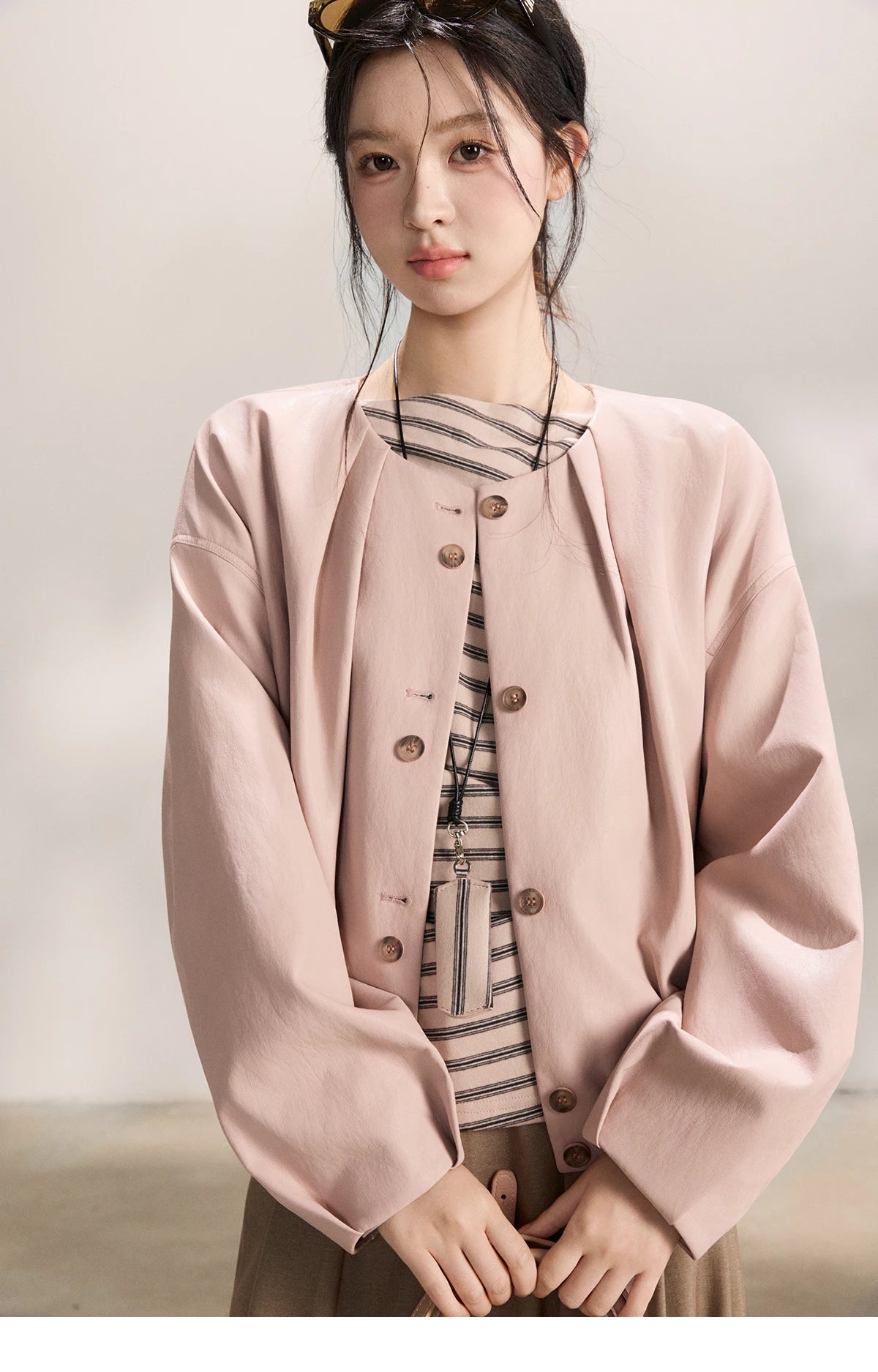 MISHOW Pink Flower Bud Leather Jacket Crew Neck Single-Breasted MXF108W1001