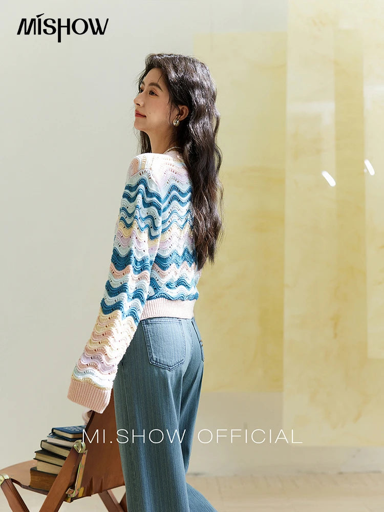 Mishow Color Stripe V-Neck Loose Cardigan MXE16Z1203