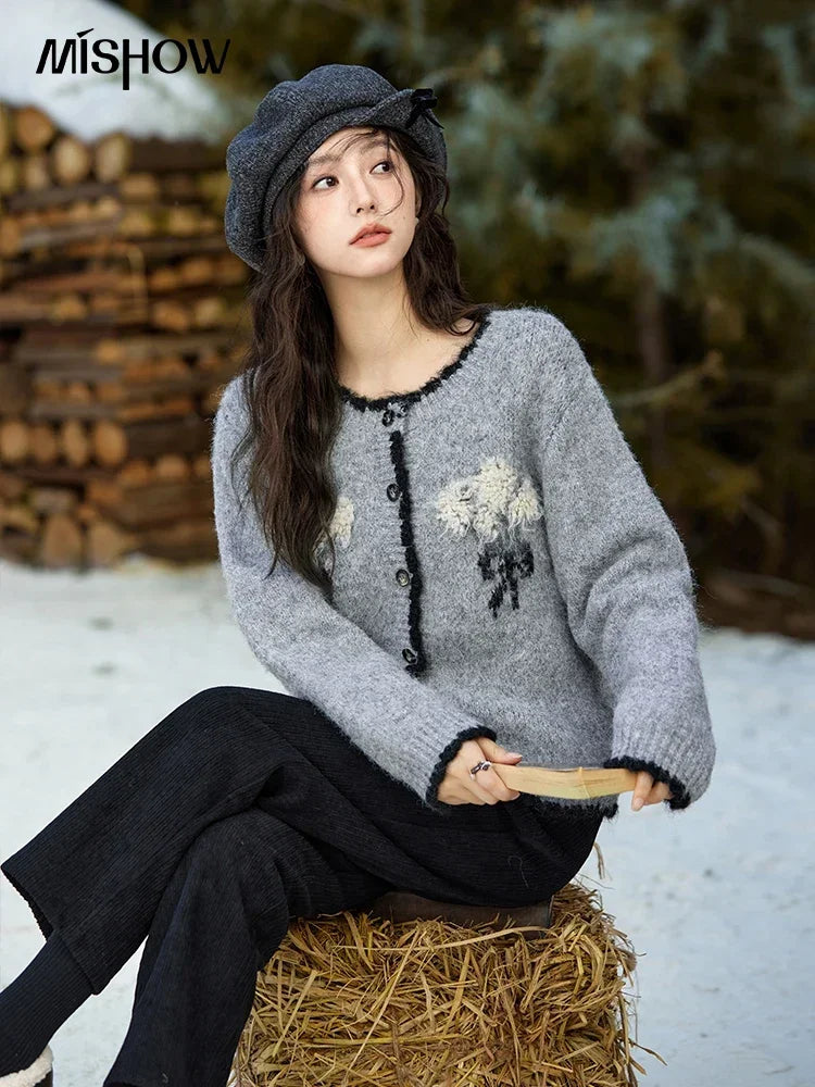 Mishow Wool Blend Bouquet Embroidery Color Clash Cardigan MXD54Z0951
