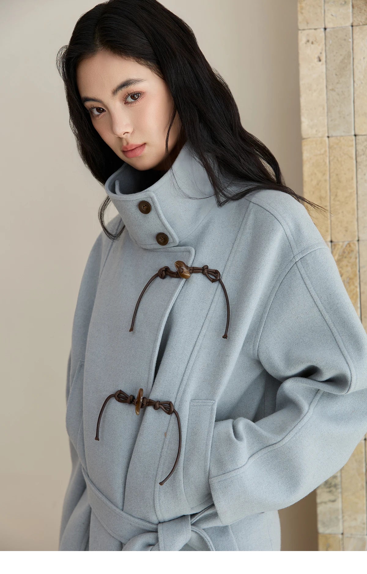 Mishow Blue Double-Breasted Lace Up Woolen Coat MXE51W0872