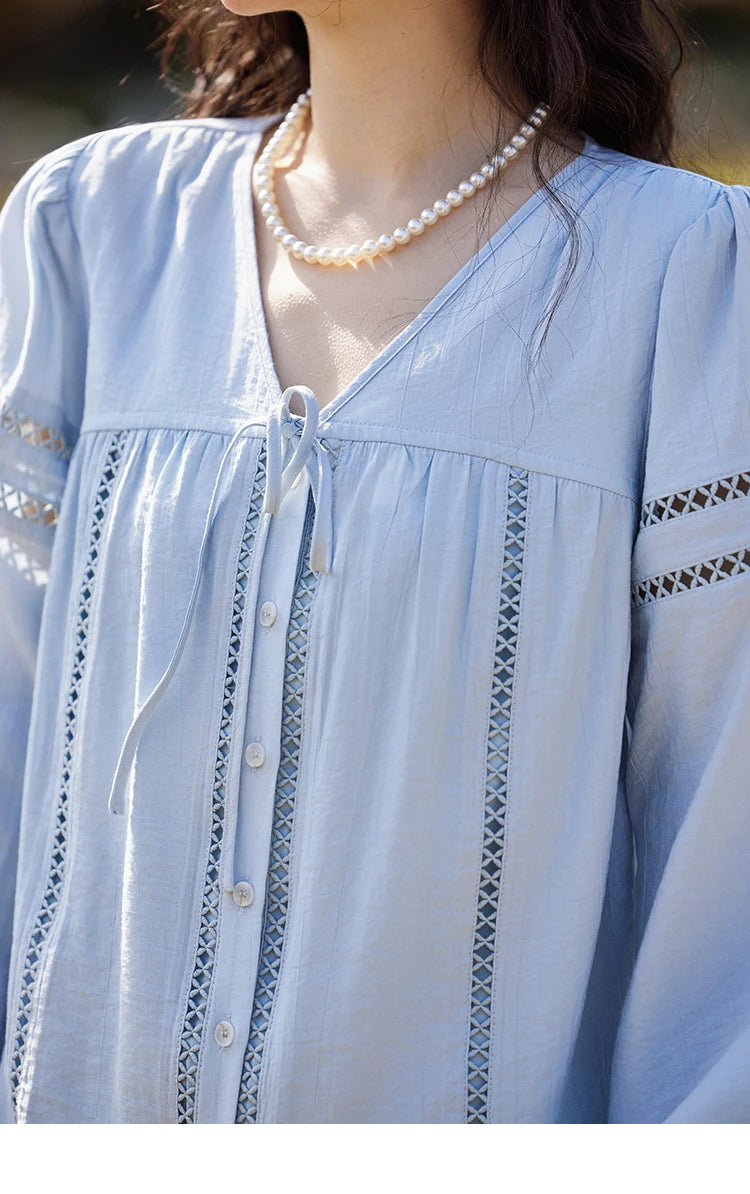 MISHOW Blue V-Neck Shirt Lace-Up Hollow Lantern Sleeve MXE12C0411