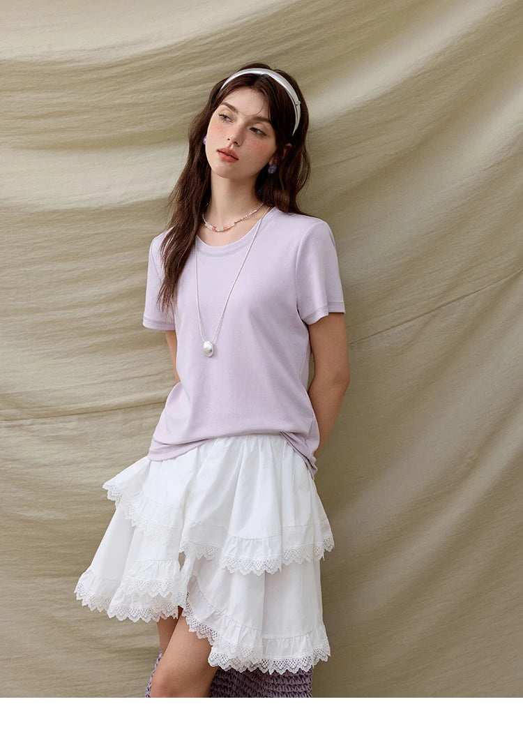 Mishow Solid Straight Shoulder Lace Trim Tee MXE31T0532