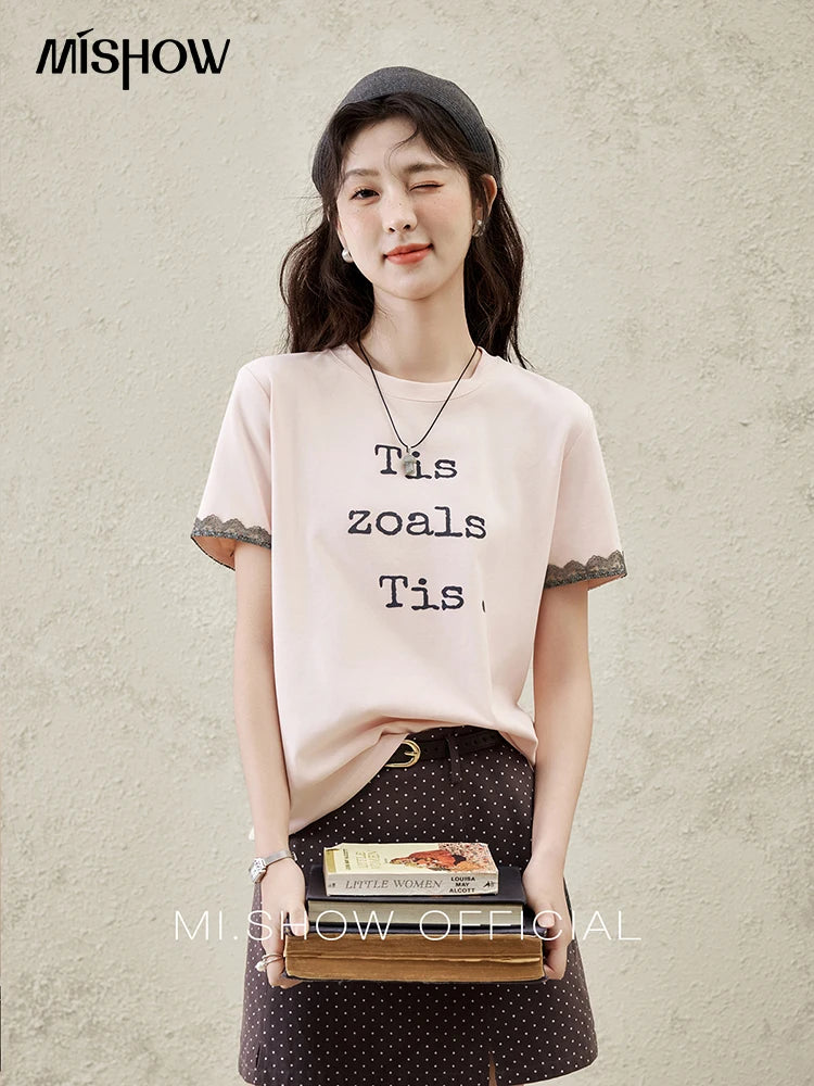 Mishow Pink Letter Print Lace Trim Tee MXE32T0529