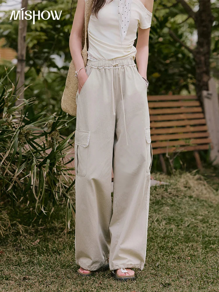 MISHOW Apricot Cargo Pants Lace Patchwork Drawstring Elastic MXE33K0935