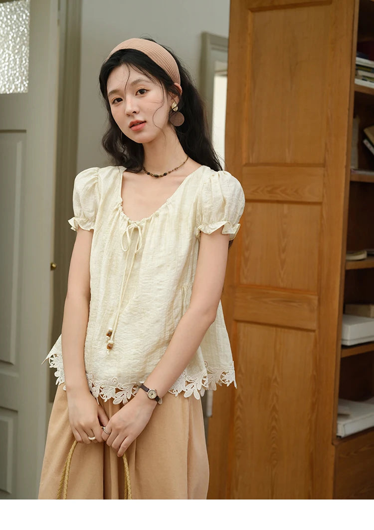 MISHOW French Round Neck Lace Up Blouse Embroidery Puff Sleeve MXE39X1956