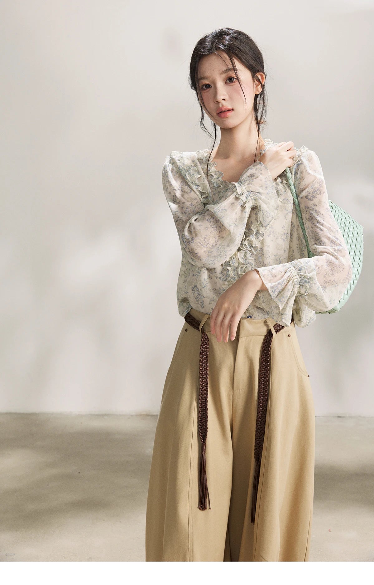 MISHOW Khaki Wide Leg Pants High Waist Belted Rear Pocket MXF13K1237