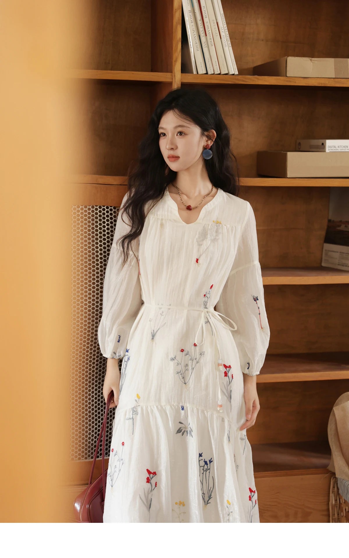 Mishow Beige Curved Collar Lantern Sleeve Tied Dress MXE41L2487