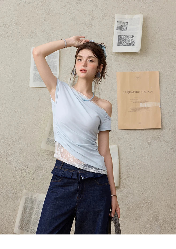 Mishow Skew Collar Off-Shoulder Lace Tee MXE31T0503