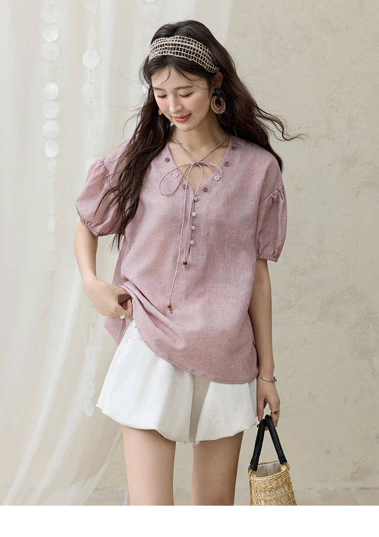 MISHOW Solid V-Neck Blouse Short Puff Sleeve Lace-Up MXE33X1743