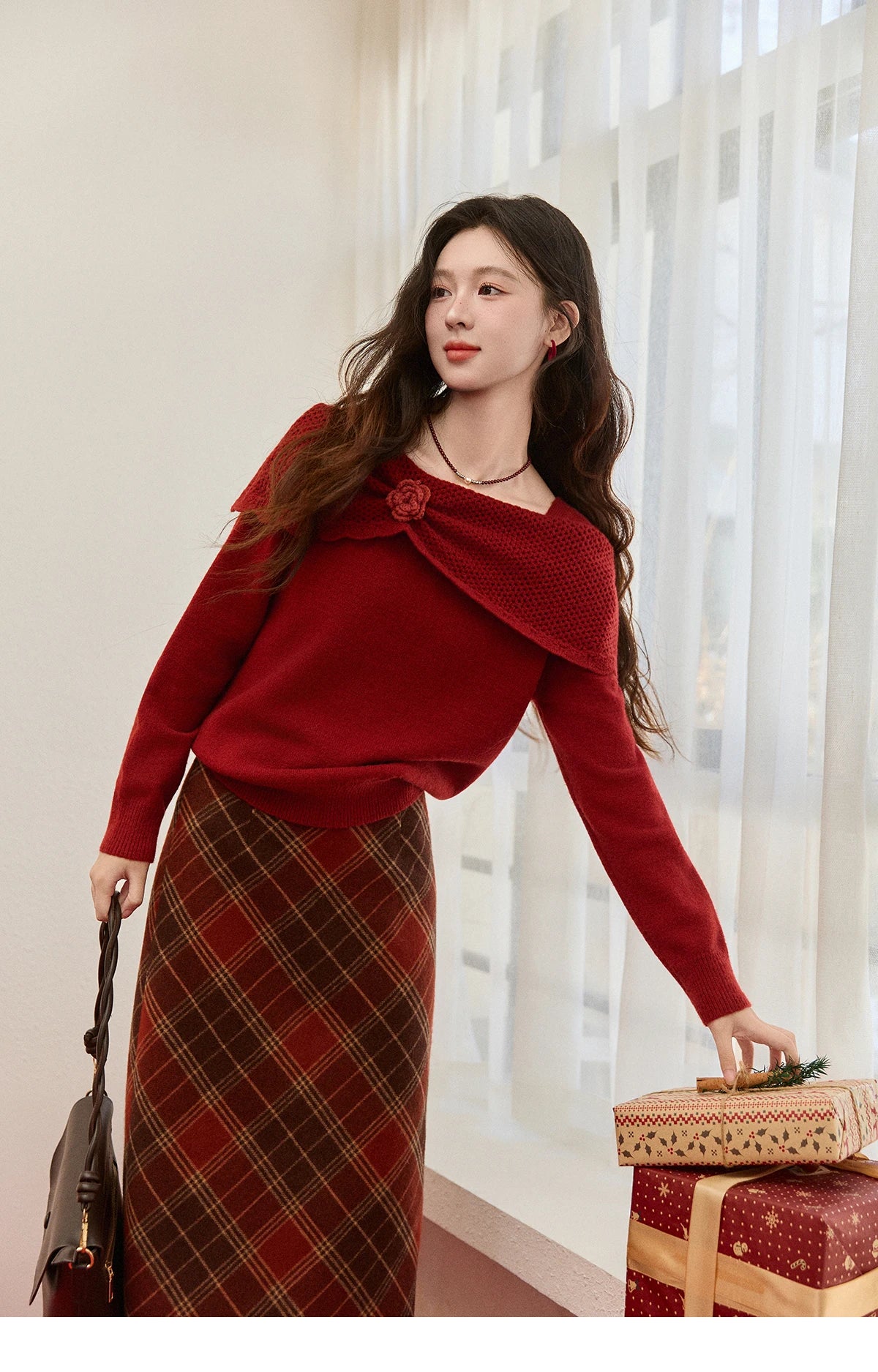 Mishow Christmas Red 3D Flower Alpaca Sweater MXE94Z2889