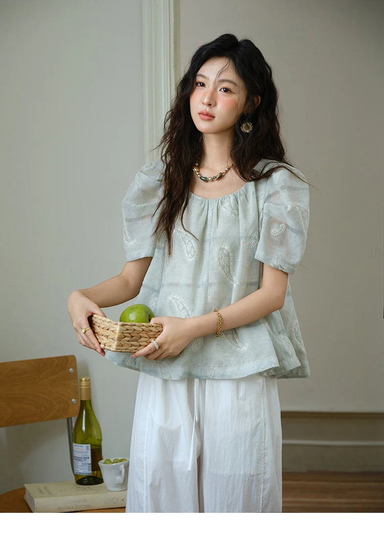 MISHOW O-Neck Print Blouse Embroidery Puff Sleeve Loose MXE34X1807