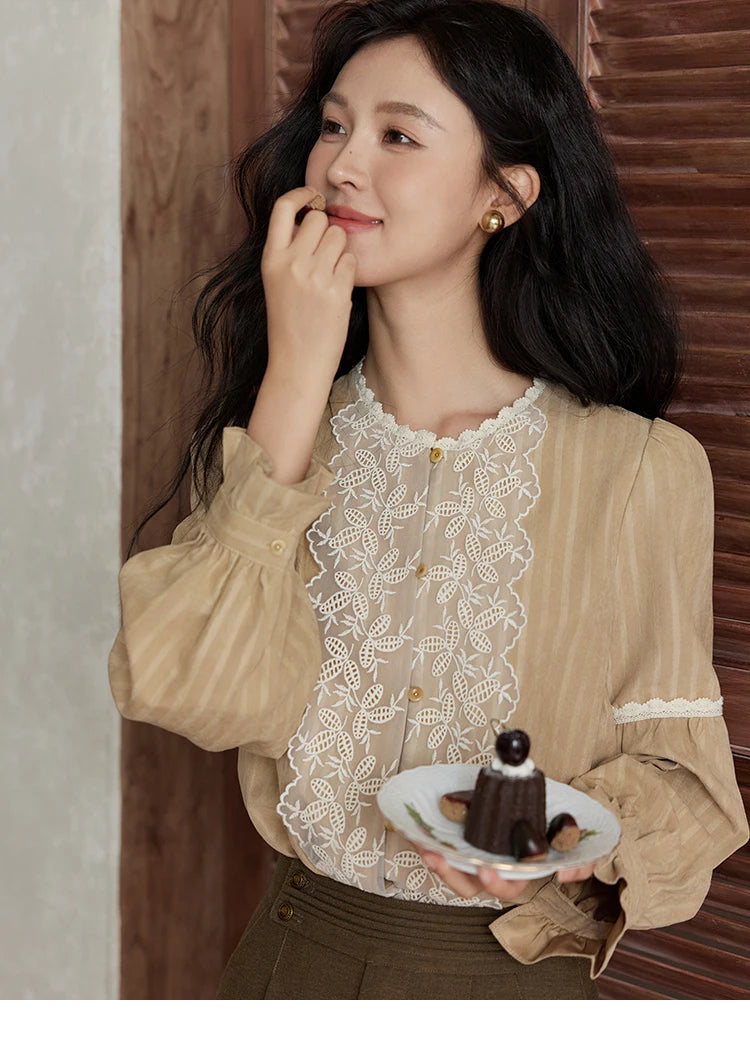 MISHOW Mesh Embroidery Blouse Lace Collar Lantern Sleeve MXD47X1664