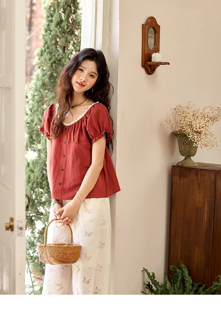 MISHOW Short Puff Sleeve Blouse Lace Collar Slimming MXE35X1827