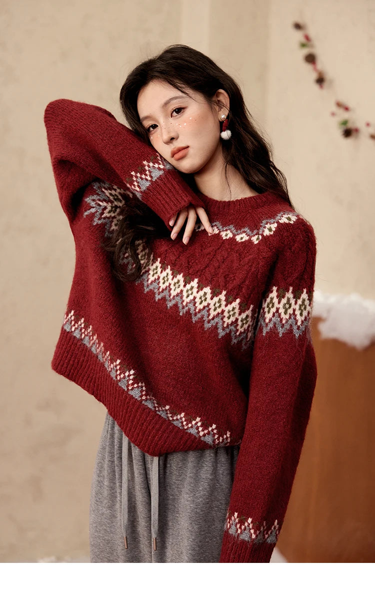 Mishow Red Fair Isle Raglan Sleeve Sweater MXD58Z1035