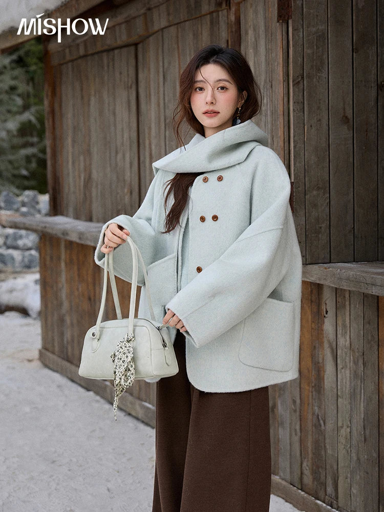 Mishow 100% Wool Mint Green Double-Faced Coat with Scarf & Gloves MXE92W1014