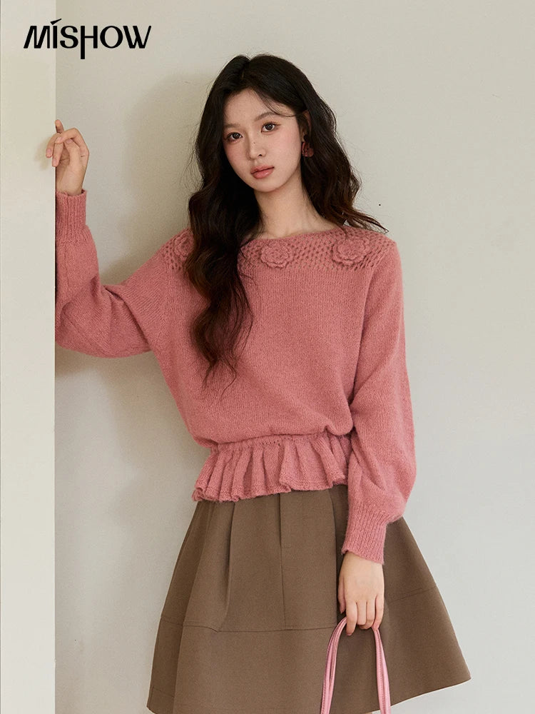 Mishow Pink Hollow Floral Ruffled Hem Sweater MXE94Z2865