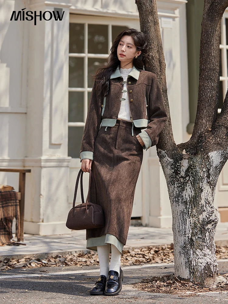 Mishow Fragrant Lapel Jacket & Contrasting Leather Skirt Set MXD43W0444