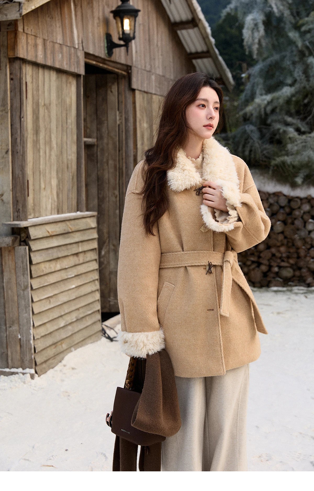Mishow Thick Wool Blend Belted Patchwork Coat MXE92W0997