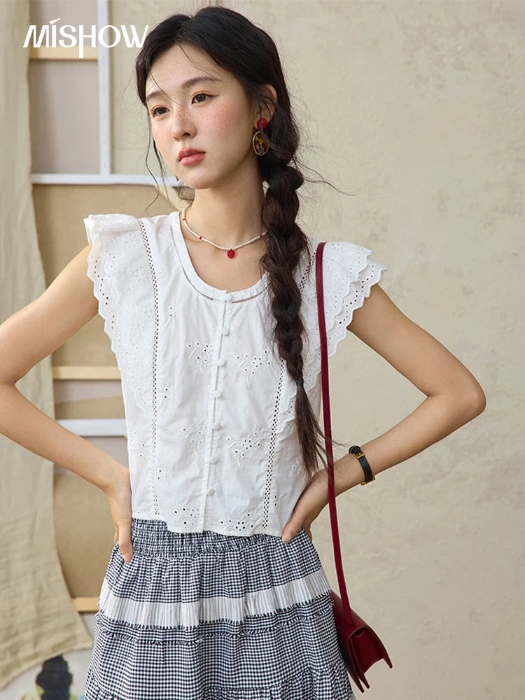 MISHOW Flying Sleeve Cotton Blouse Hollow Lace Slim Waist MXE36X1844