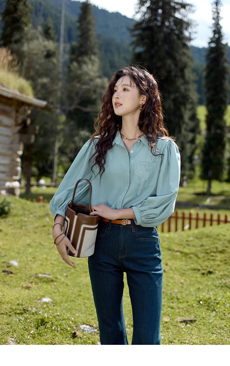 MISHOW Retro Long Sleeve Shirt Lantern Sleeve Embroidery MXD41C0287