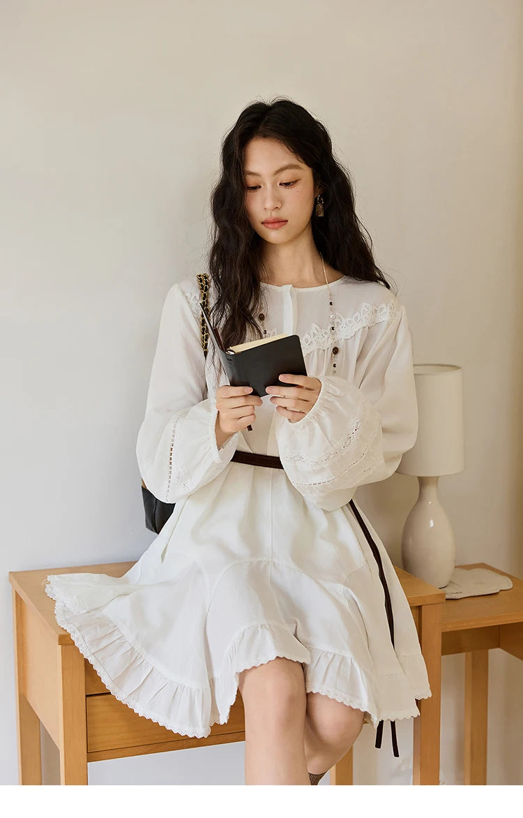 Mishow French O-Neck Lace Ruffled Lantern Sleeve Dress MXE46L2519