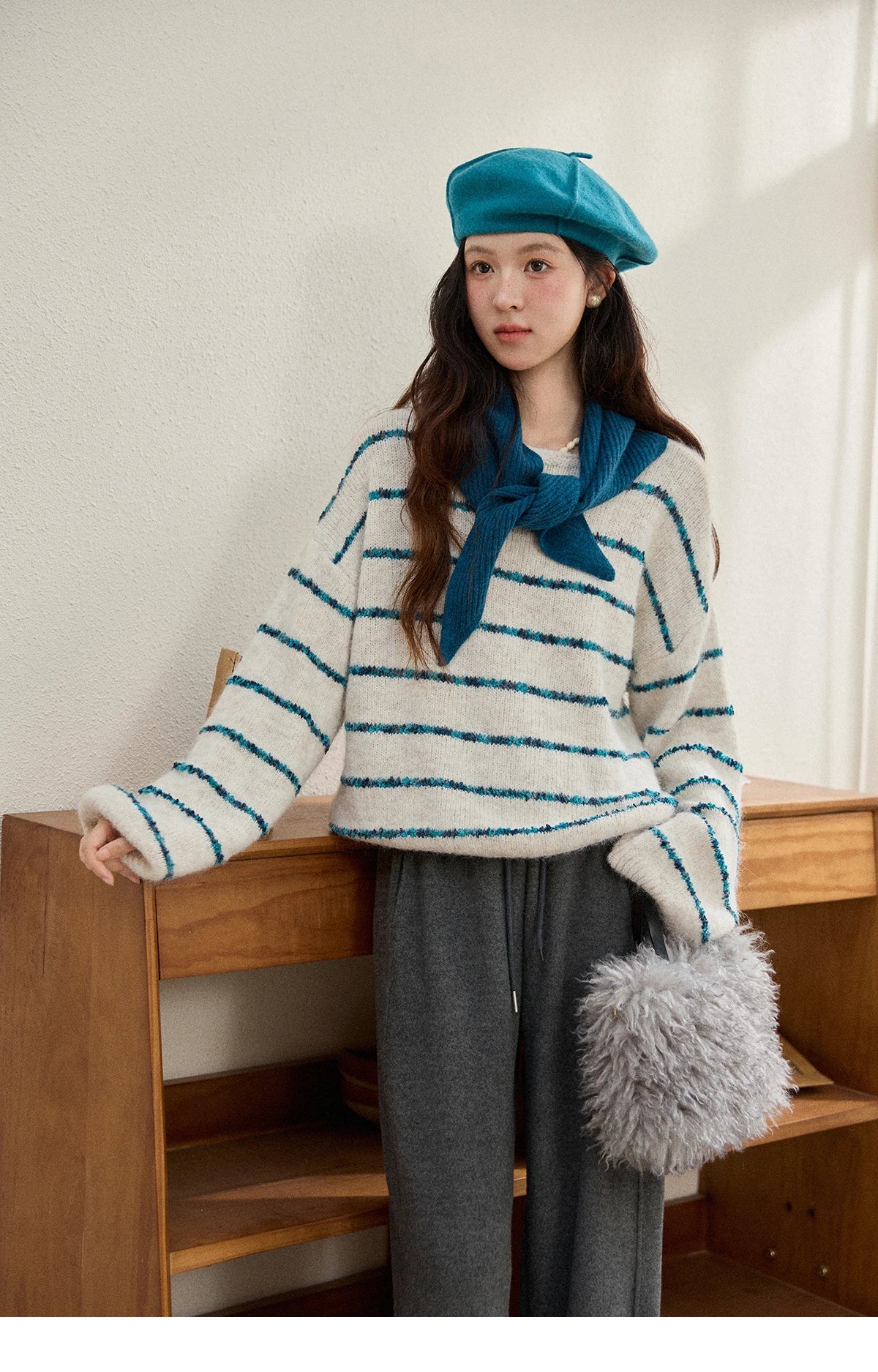 Mishow Blue Striped Alpaca Wool Sweater with Scarf Set MXE90Z2821