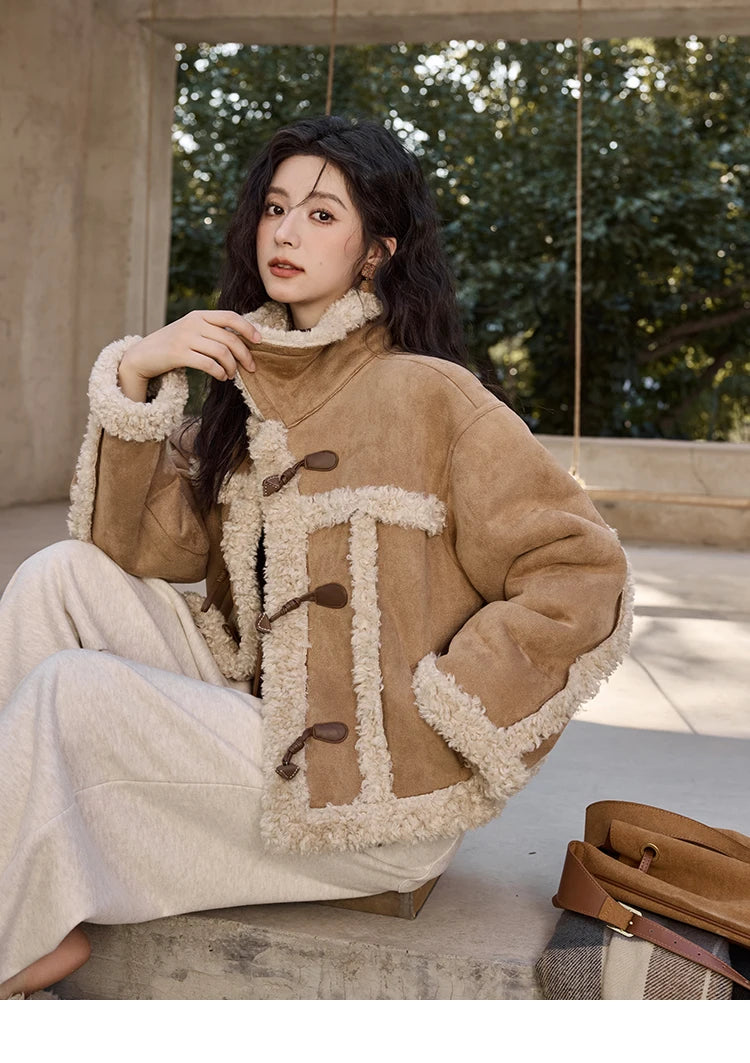 Mishow Vintage Cow Horn Button Lamb Wool Coat MXD35W0492