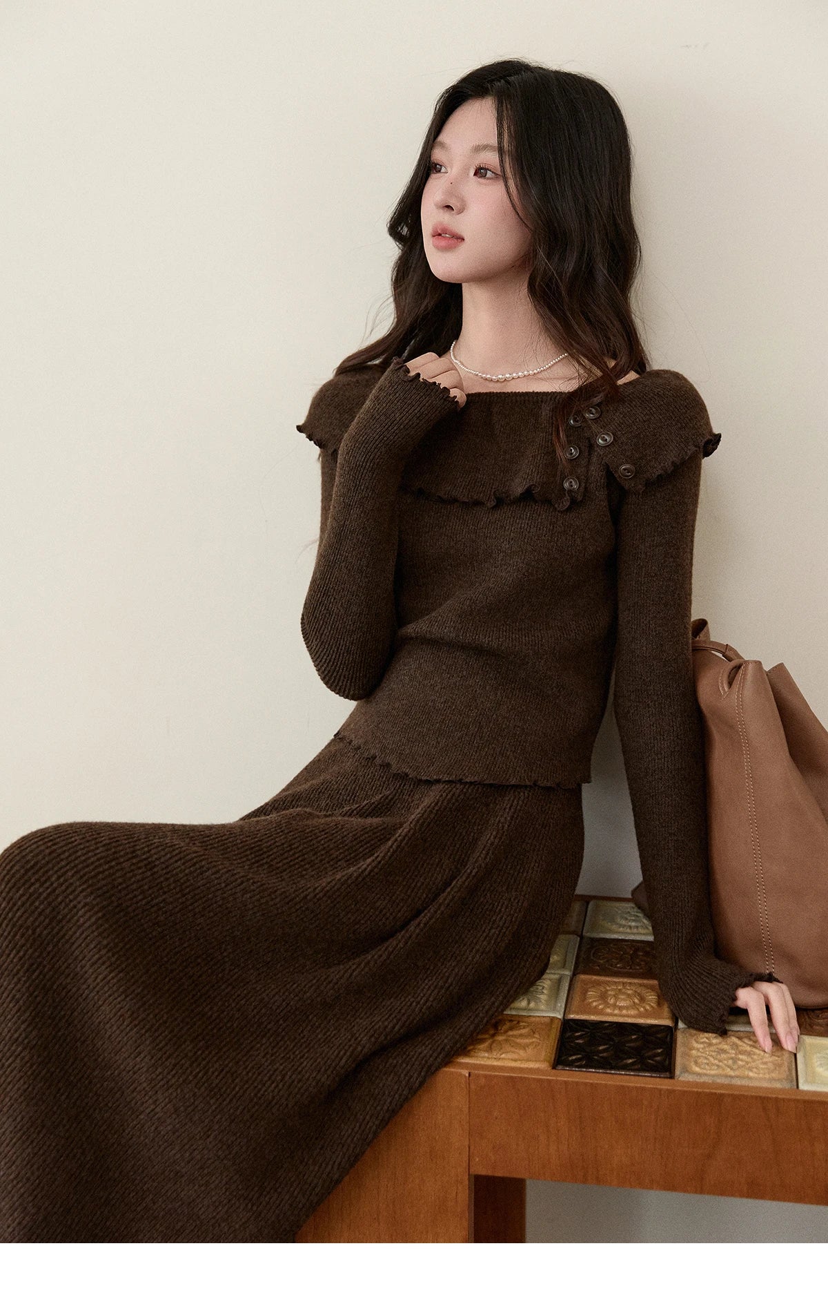 Mishow Coffee Ruffle Boat Neck Top & A-Line Skirt Set MXE93T1455