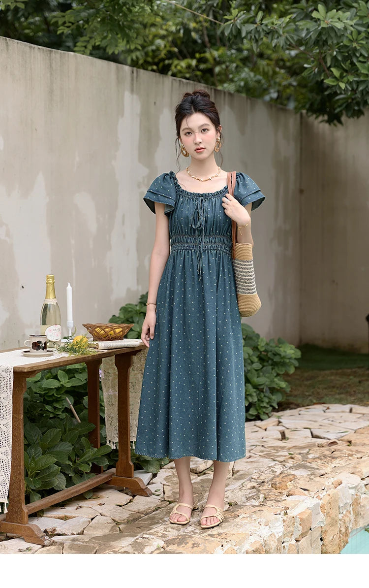 Mishow Polka Dot Flying Sleeve Lace-Up Denim Dress MXD30L2022