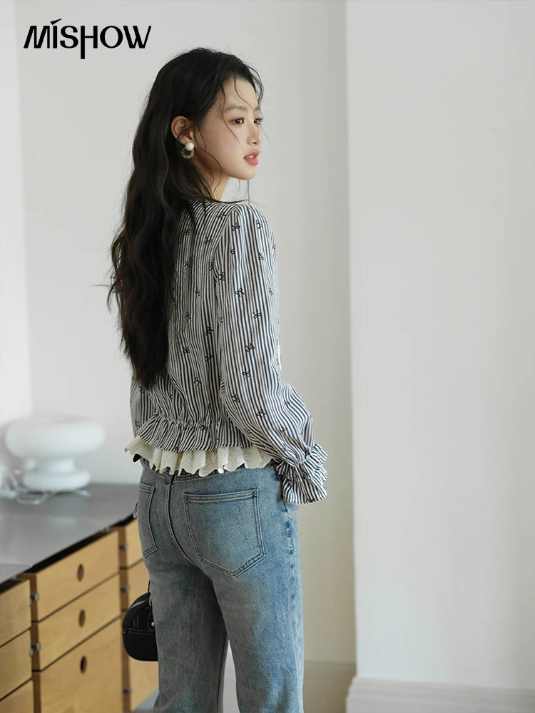 MISHOW Black Striped Blouse Lace-Up Bow Round Collar MXE41X1948