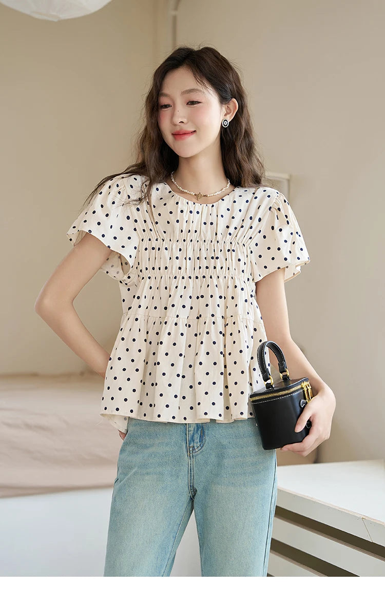 MISHOW Polka Dot Blouse Flying Sleeve O Neck Elastic Folds MXC39X1291