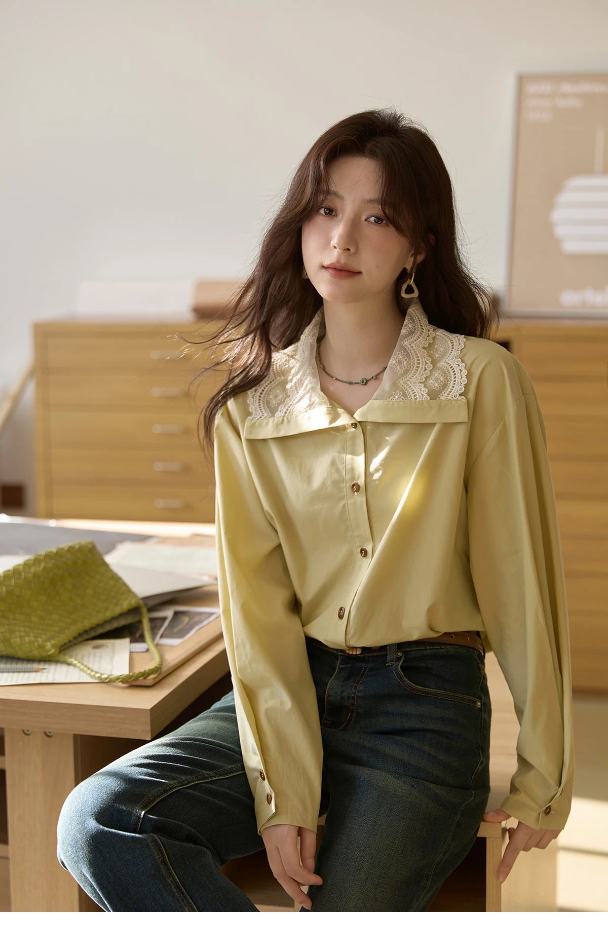 MISHOW Solid Cotton Shirt V-Neck Double Layer Lace MXE41C2366