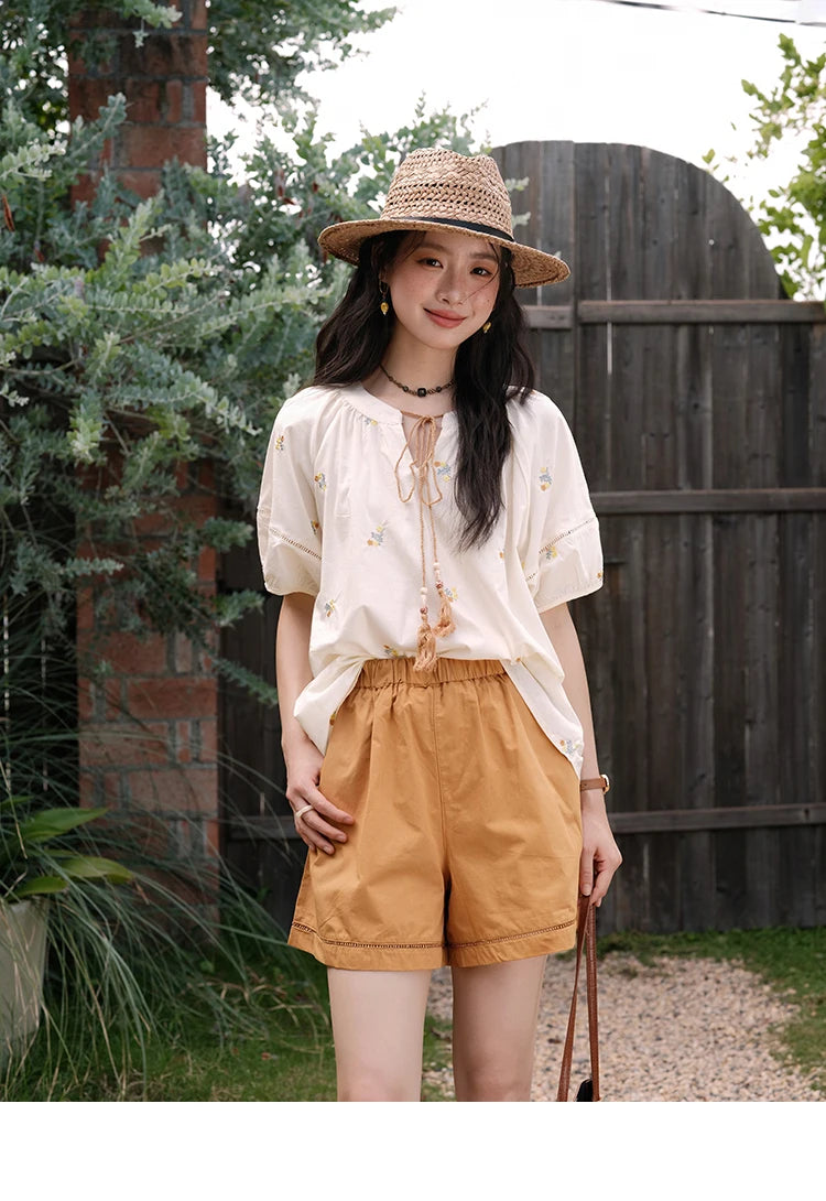 Mishow Puff Sleeve Lace-Up Top & Elastic Waist Shorts Set MXE38T0684