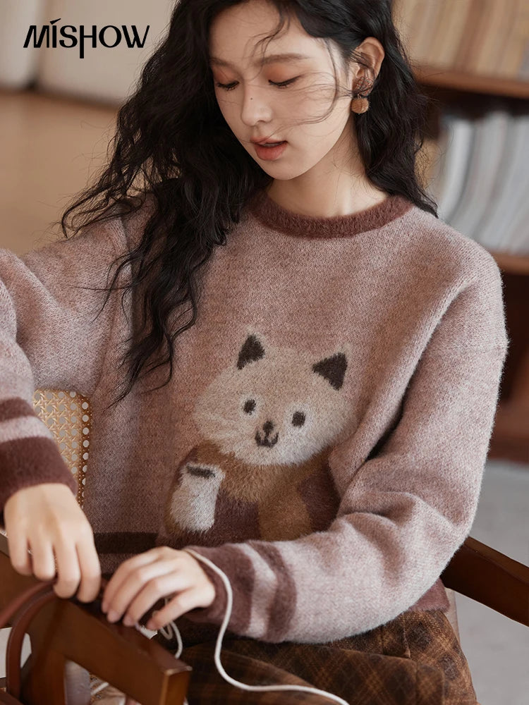 Mishow Faux Sable Cartoon O-Neck Loose Pullover MXD45Z0860