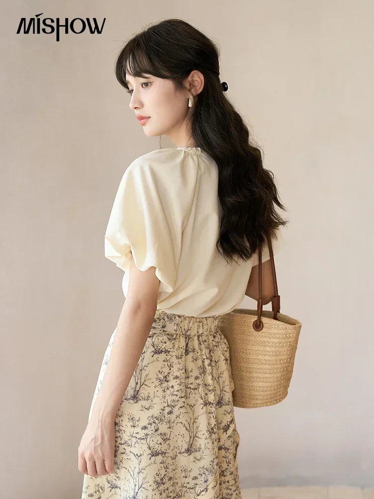 MISHOW French V-Neck Blouse Puff Sleeve Loose Summer MXC38X0043