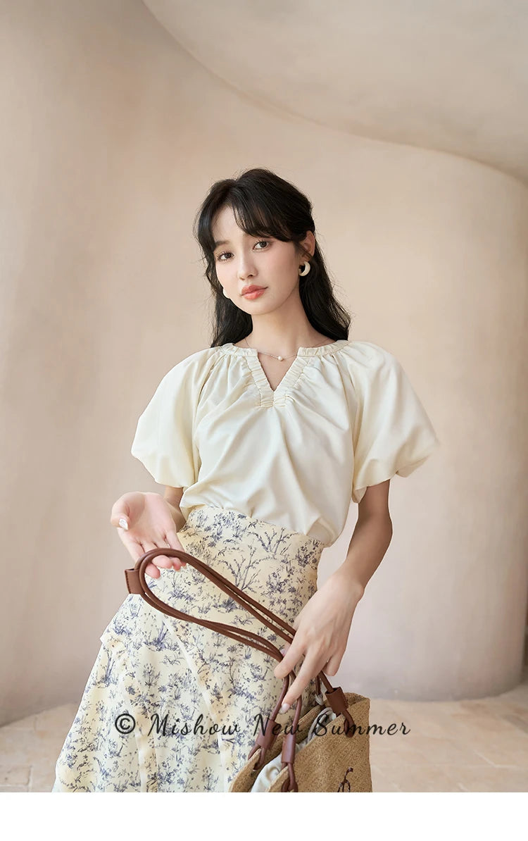 MISHOW French V-Neck Blouse Puff Sleeve Loose Summer MXC38X0043