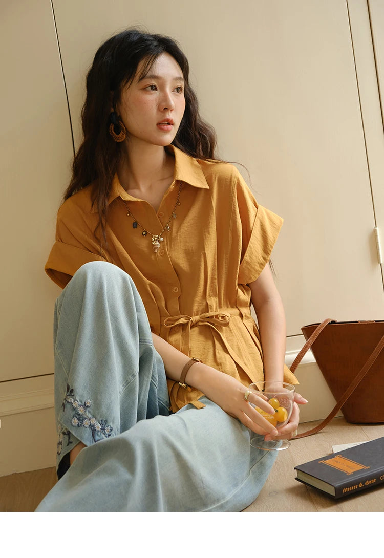 MISHOW Orange Lace Up Button Shirt Turn-Down Collar MXE37C0809