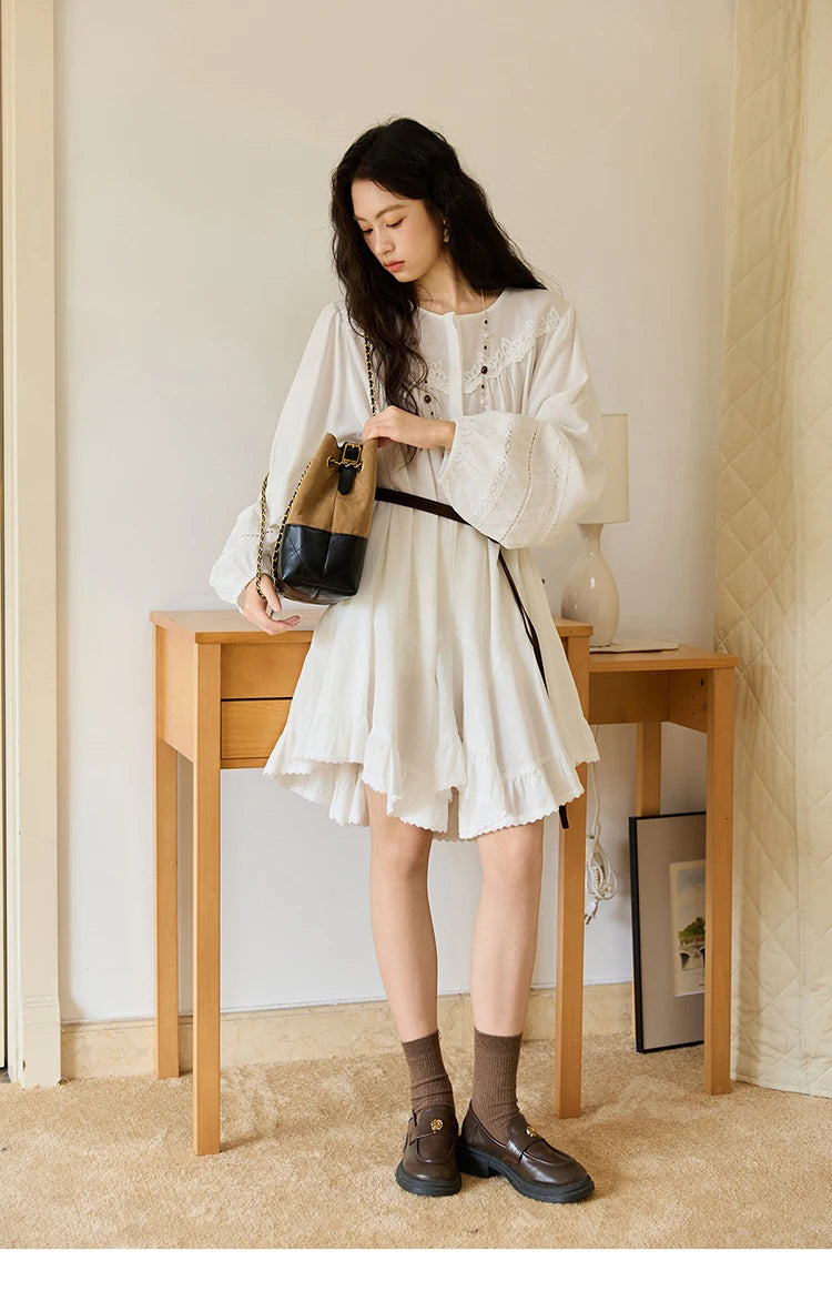 Mishow French O-Neck Lace Ruffled Lantern Sleeve Dress MXE46L2519