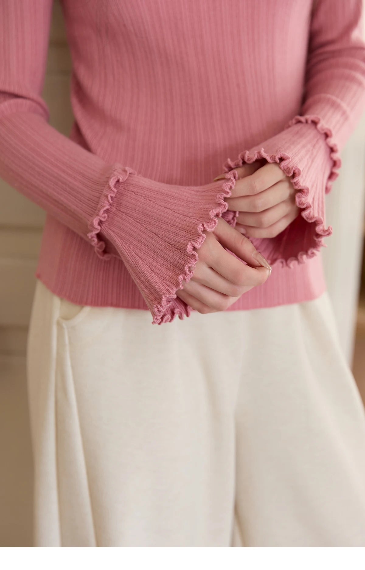 Mishow Turtleneck Wood Ear Trumpet Sleeve Top MXE51Z2552